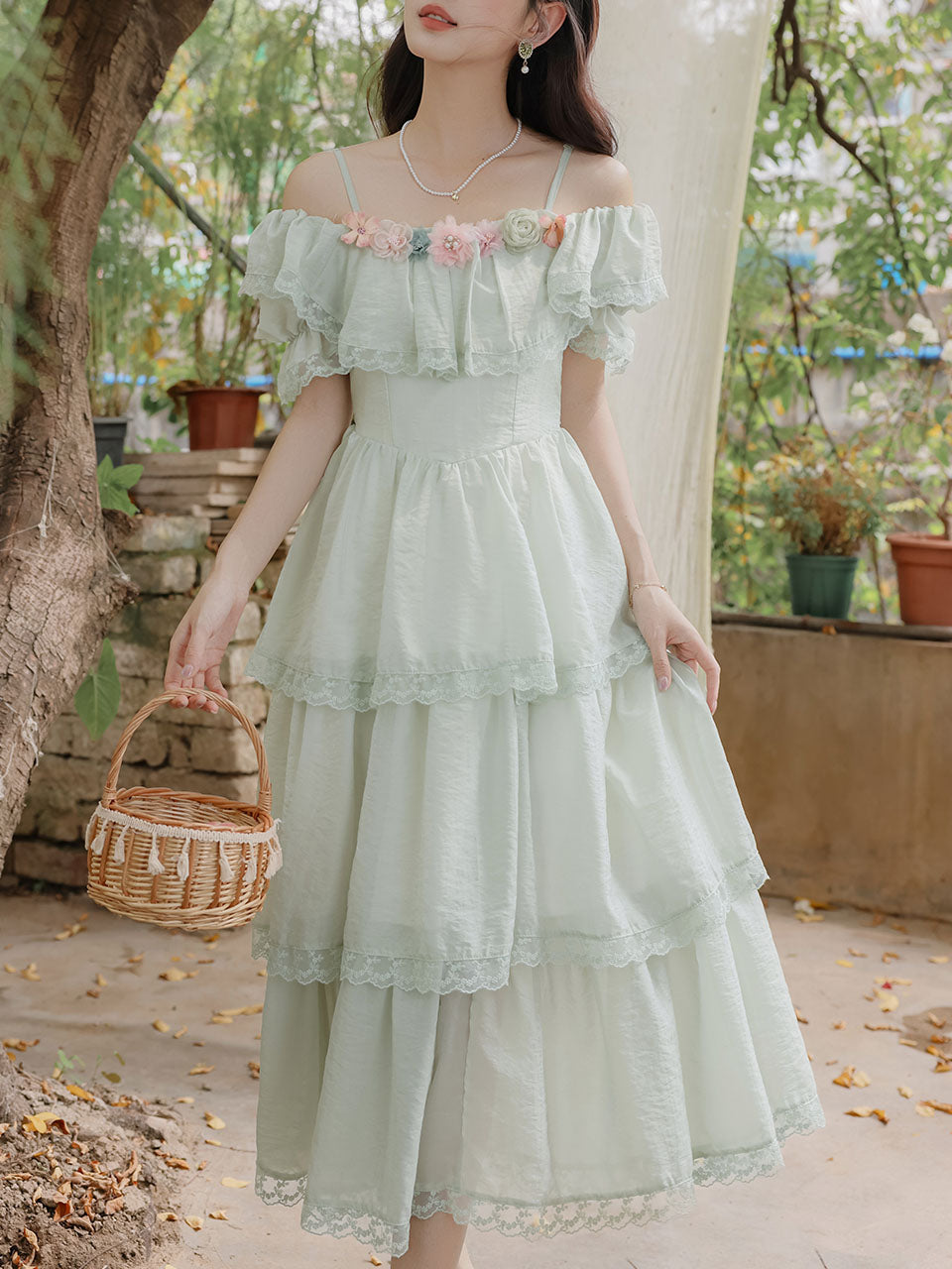 Light Green Off Shoulder Chiffon Tiered Maxi Dress