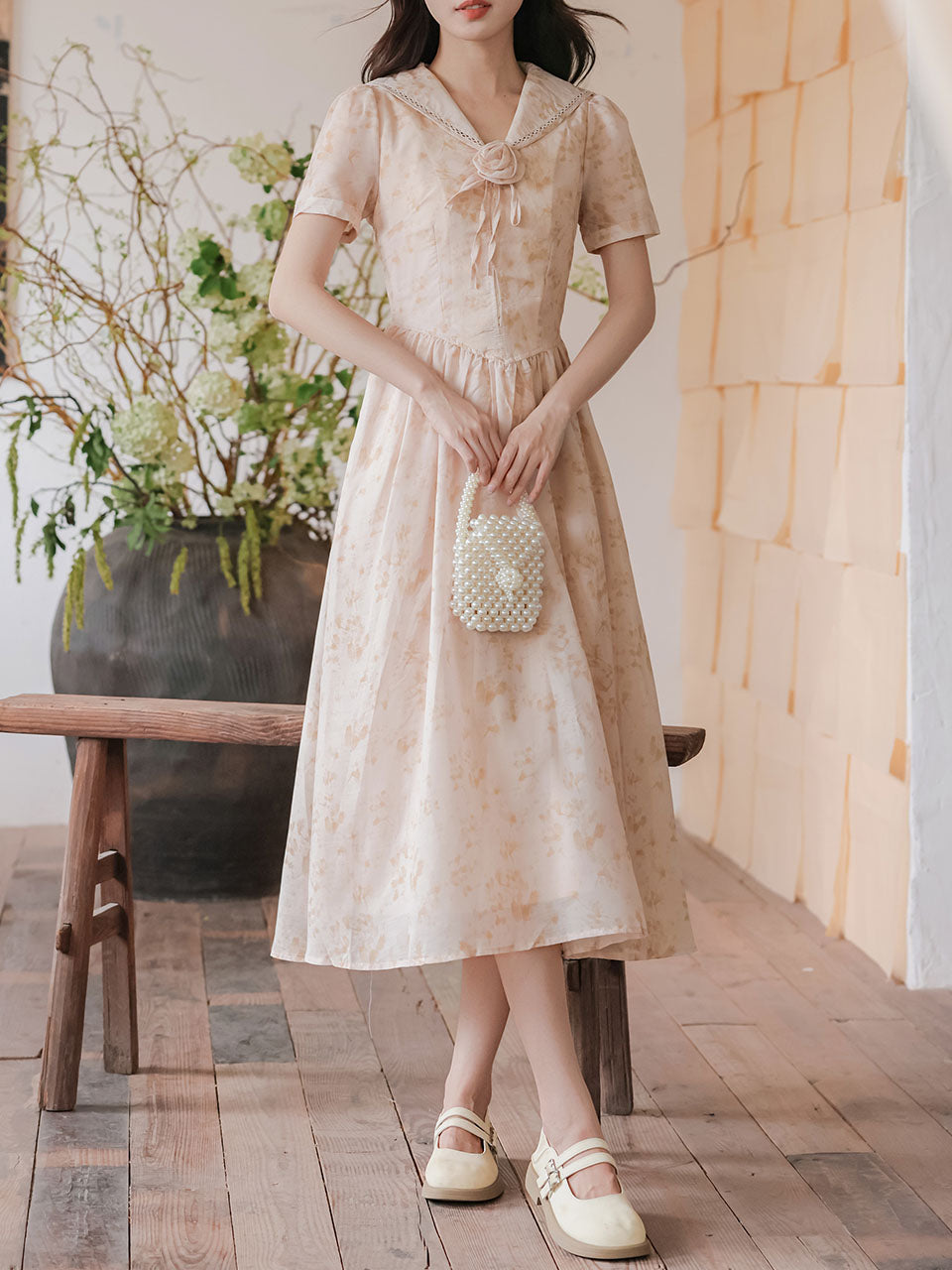 Apricot Sailor Collar Handmade Rosettes Vintage Dress