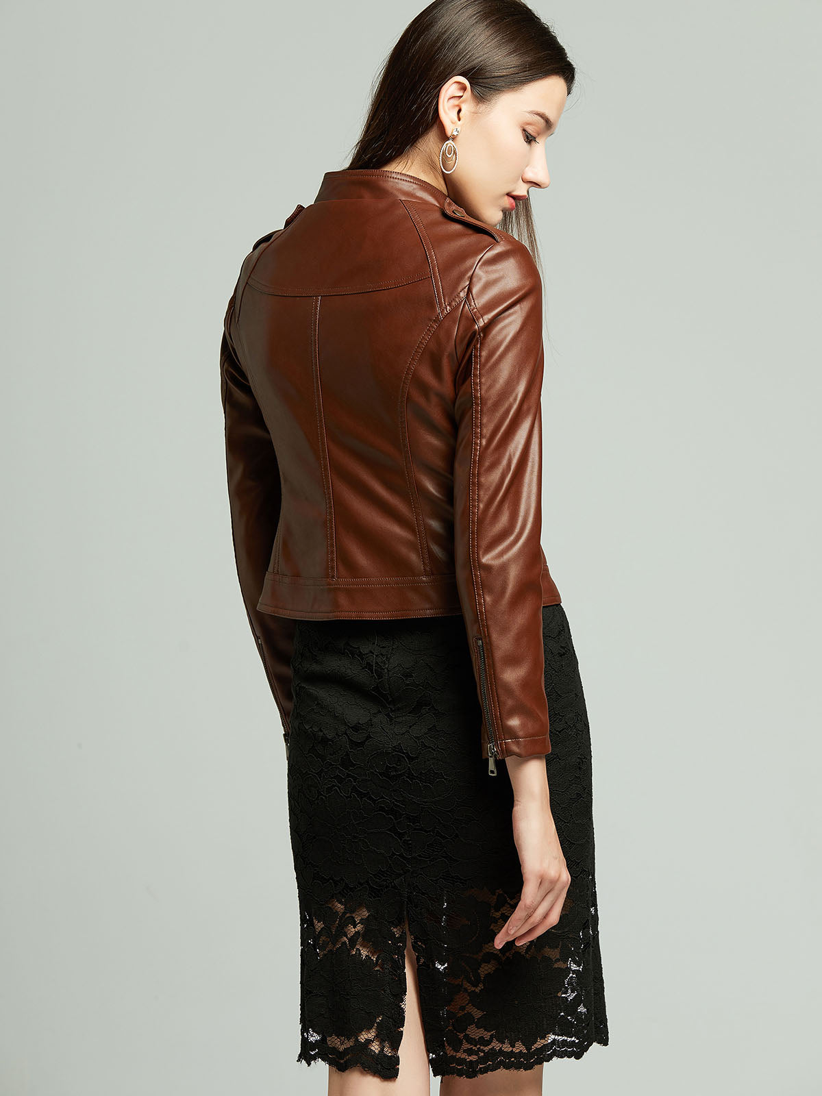 Brown Long Sleeve PU Leather Soft Jacket For Women
