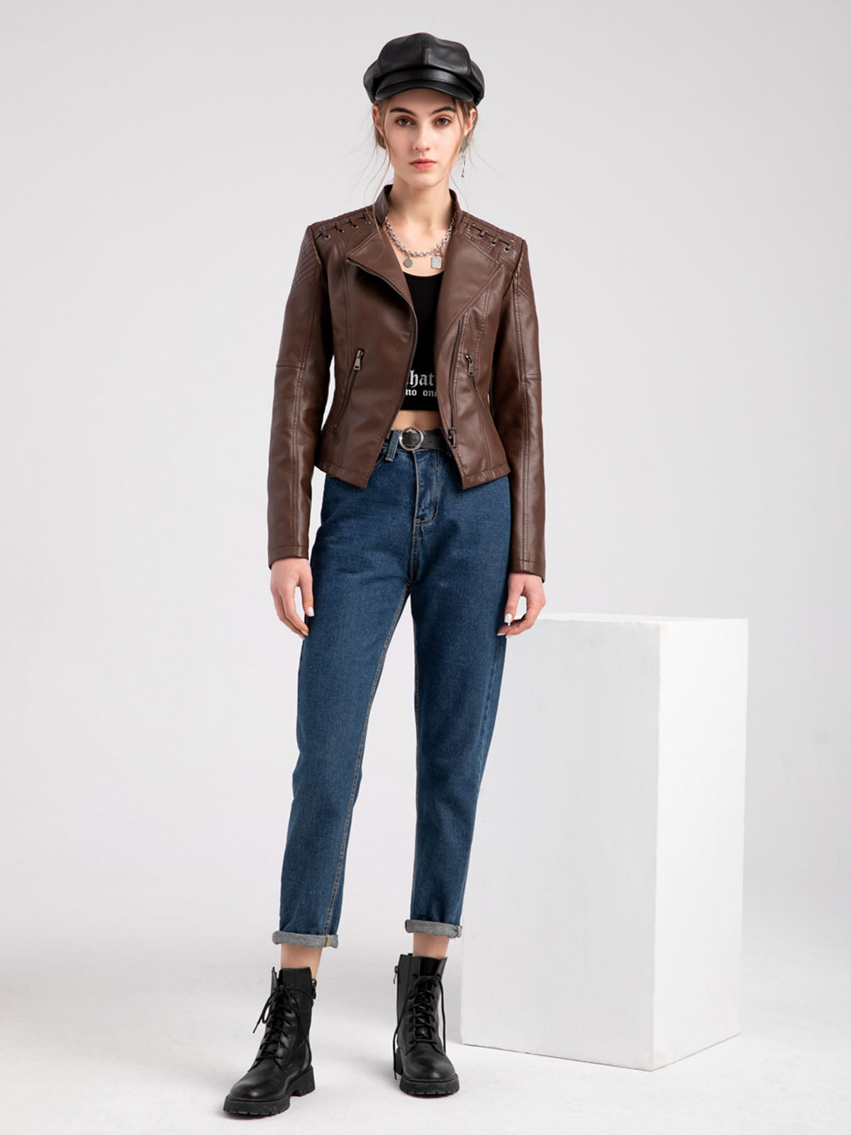 Leather Jacket Weave Long Sleeve Winter Coat