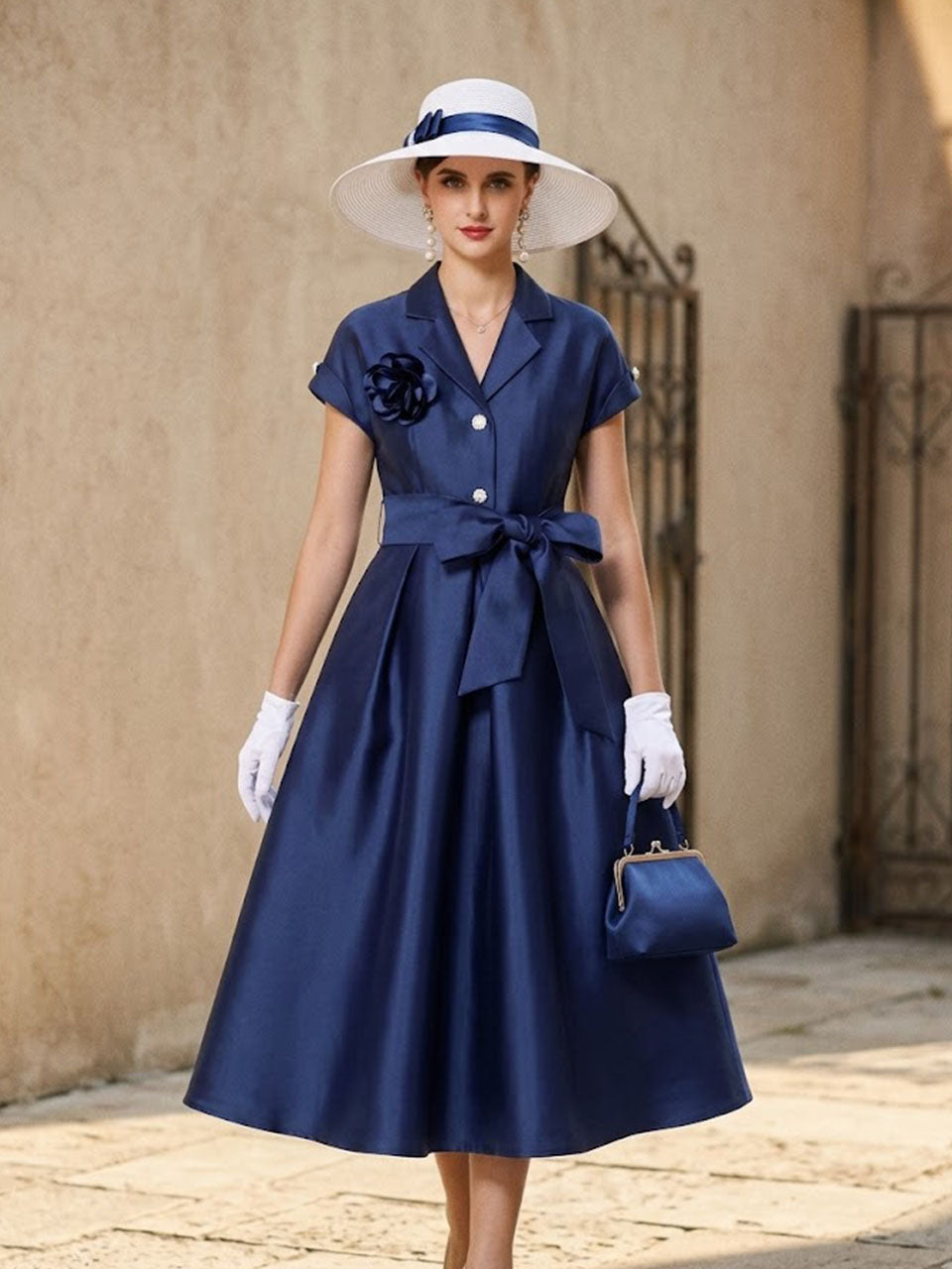 Vintage 1950s Audrey Hepburn Style Navy Satin Lapel Collar Midi Dress
