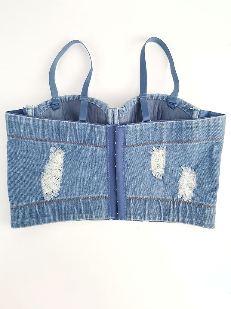 Denim Handmade Flowers Corset Camisole Top