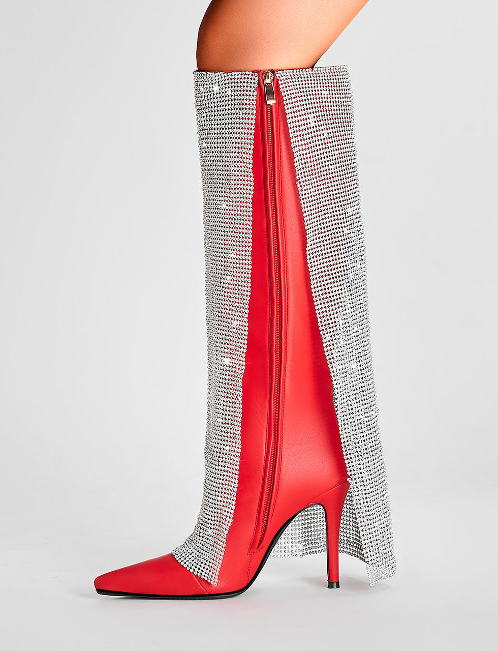 Red High Heel Pointed Toes Luxury Bling Rhinestone Trouser Boots Shoes