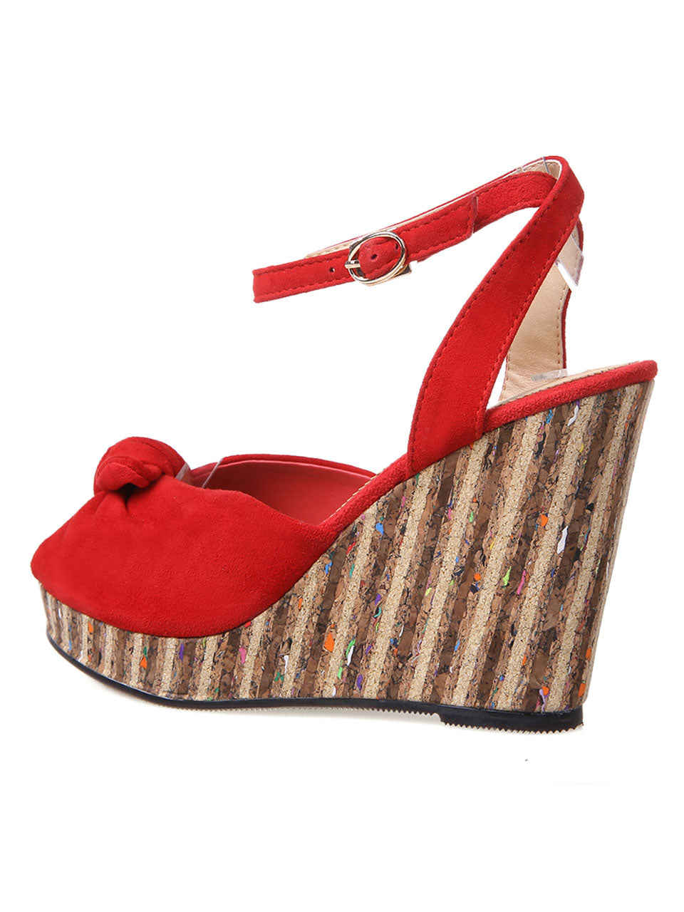 Open Toe Bow Wedge Heel Sandals Leather Vintage Shoes
