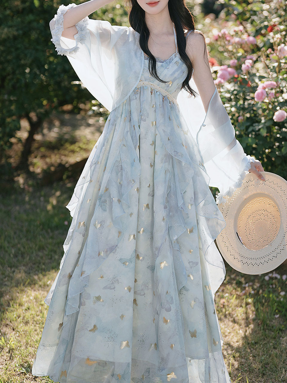 Fairycore Butterfly Maxi Dress Glitter Ruffle Halter Prom Gown