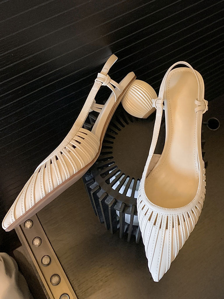 Ball Heel Sandals Pointed Toe Hollow Belt Leather Vintage Shoes