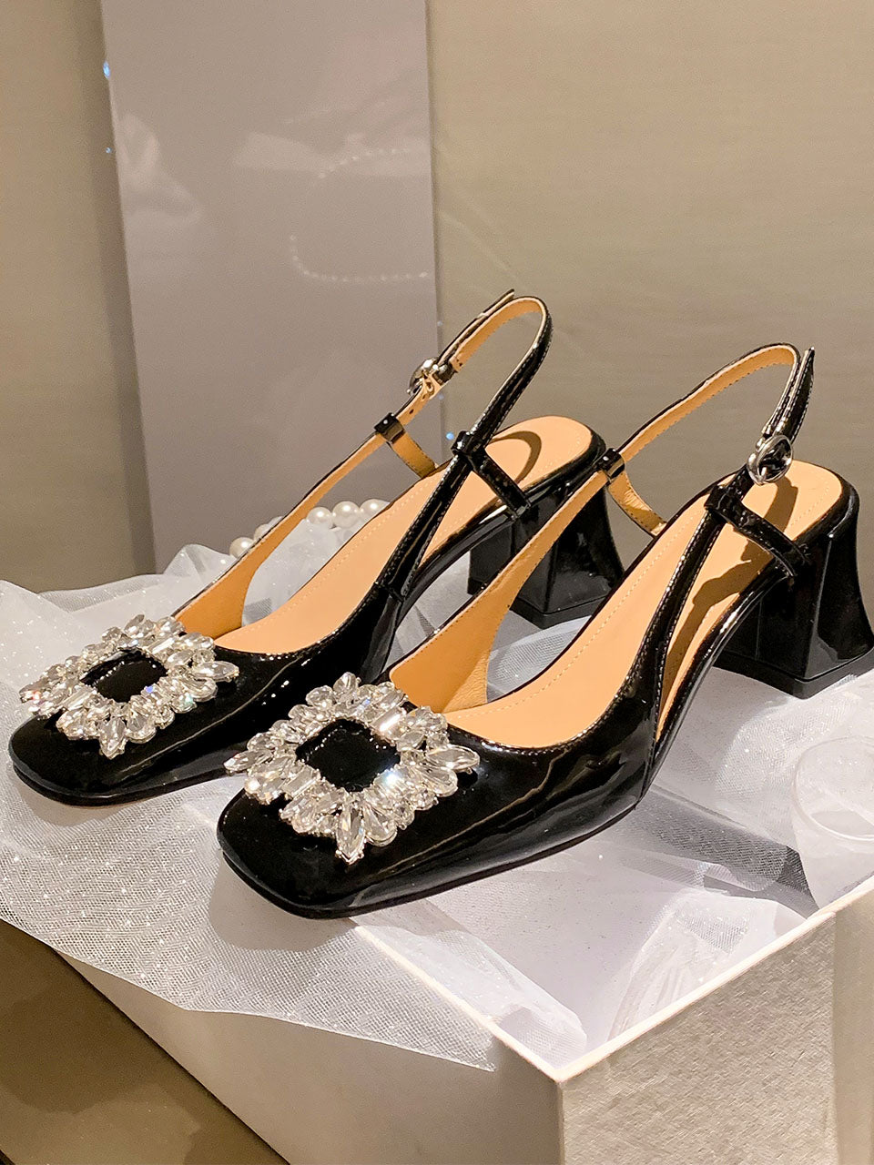Round Toe Rhinestones Chunky Heel Sandals Leather Vintage Shoes