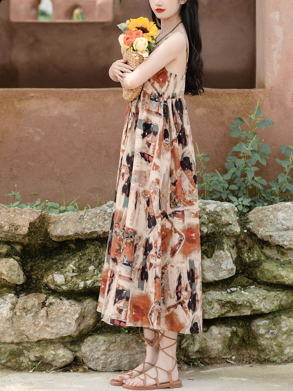 2PS Brown Spaghetti Strap Tropical Pattern Holiday  Dress