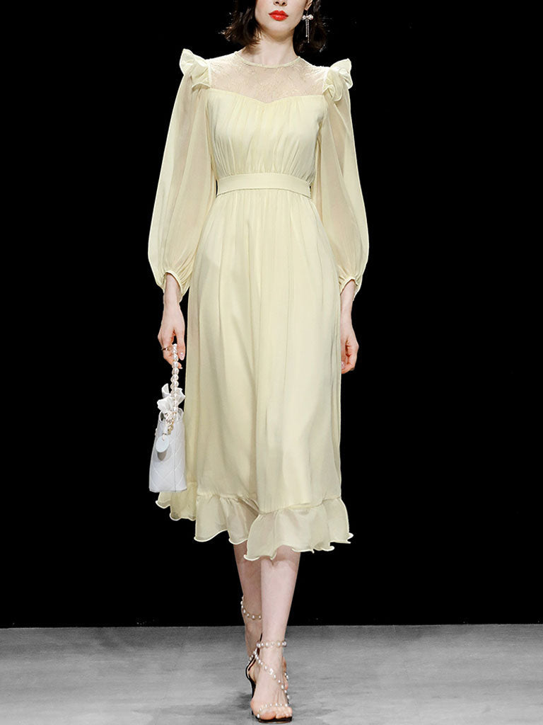 Yellow Ruffles Collar Long Sleeve 1950S Vintage Dress