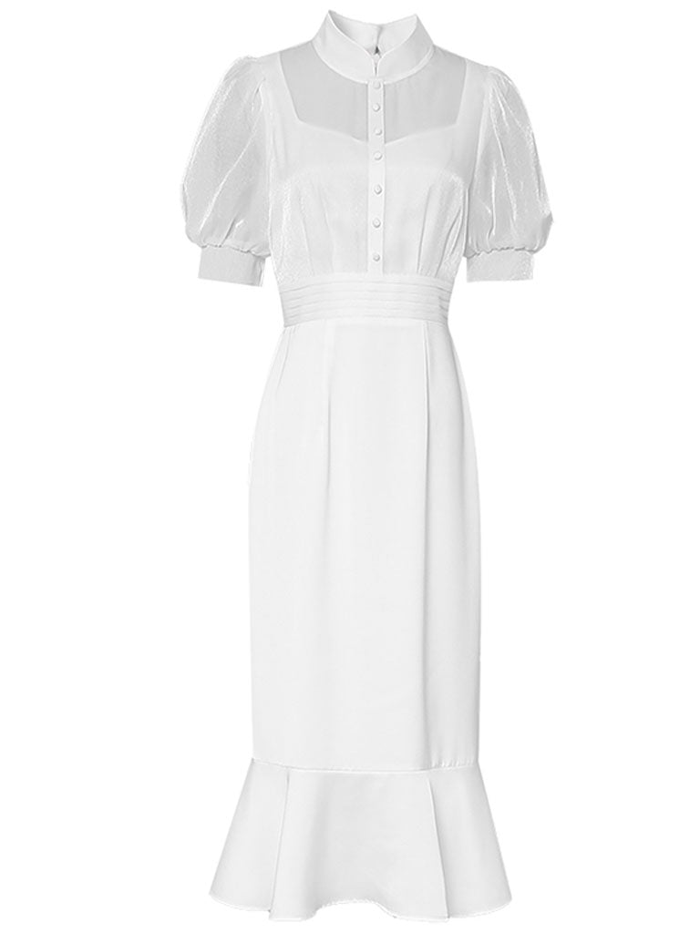 White Stand Collar Puff Sleeve Princess Mermaid Organza Dress