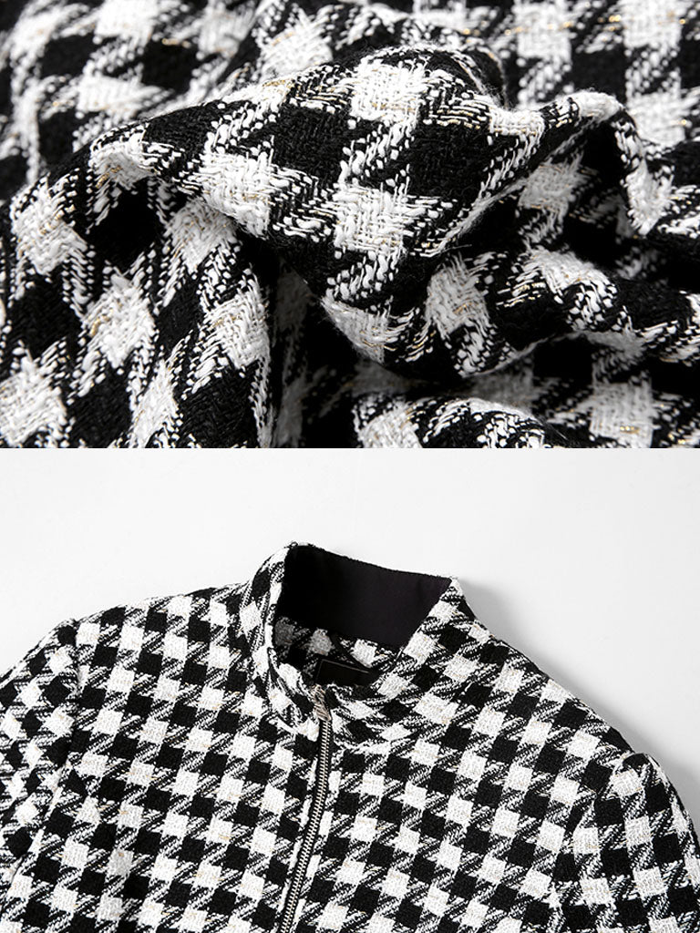 2PS Stand Collar Flared Sleeve  Houndstooth Wool Coat