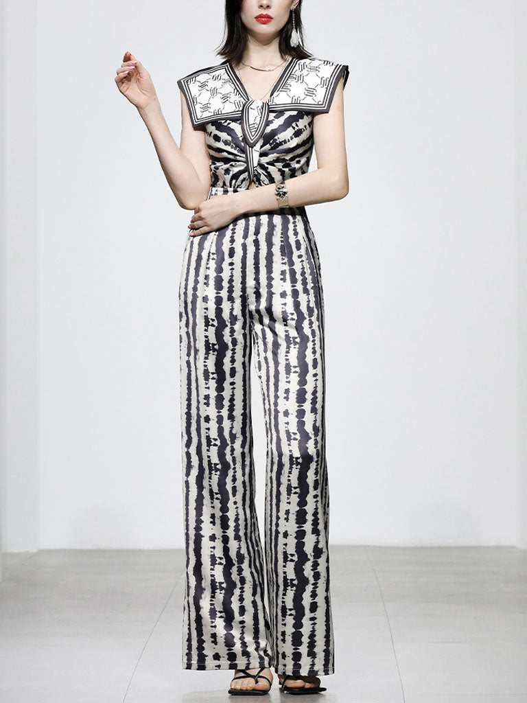 Black And White Animal Print Spaghetti Straps Jumpsuit