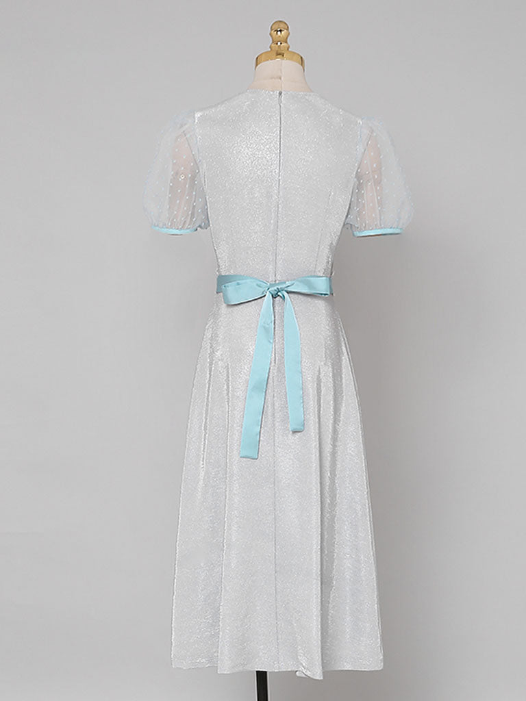 Baby Blue Sweet Heart Collar Puff Sleeve Pearl 50S Vintage Swing Dress