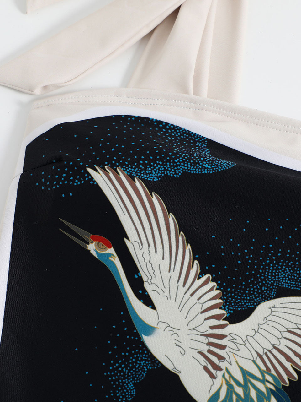 Black Crane Print Flower Strap One Piece