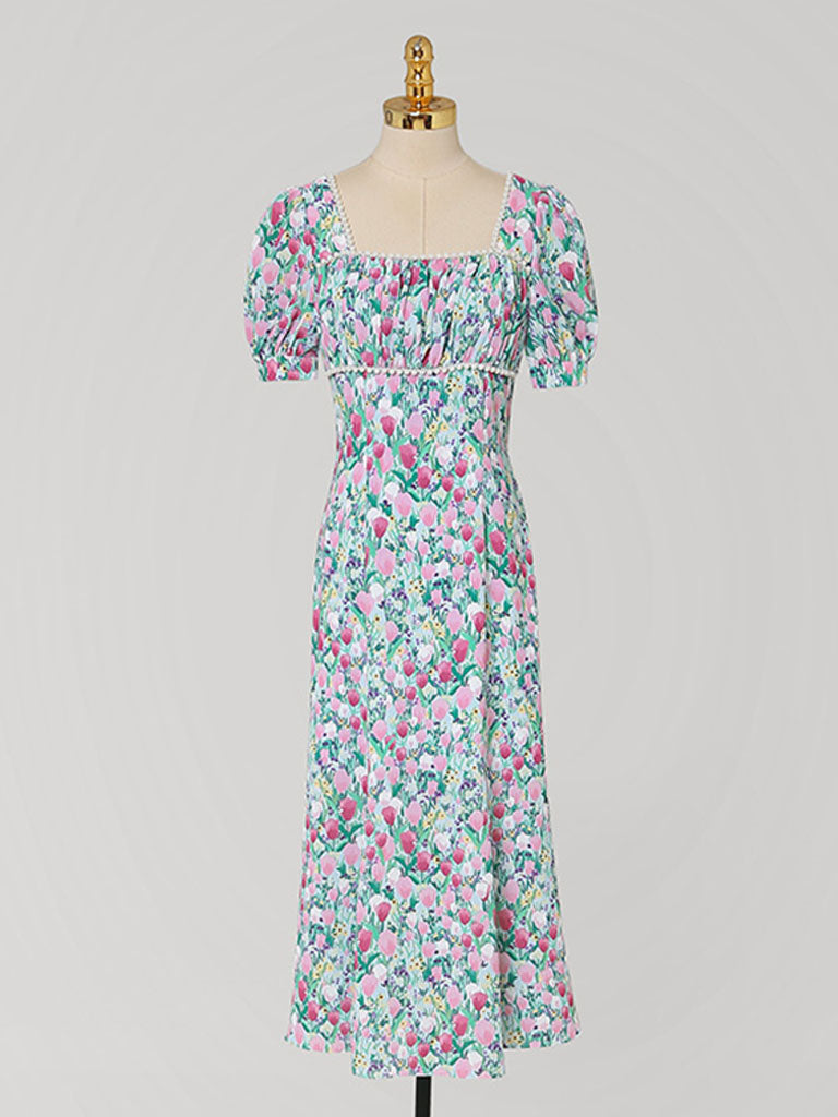 Blue Tulip Print Pearl 1950S Vintage Dress