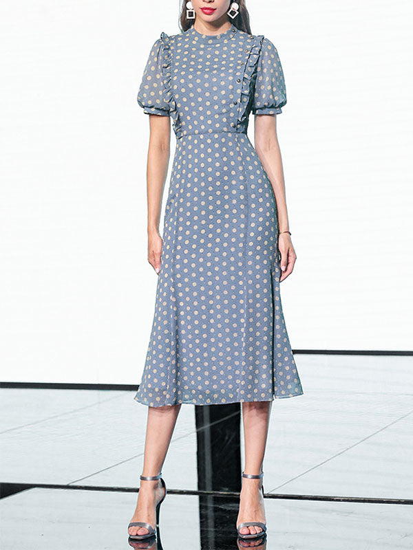Blue Polka Dots Puff Sleeve Vintage Chiffon Dress