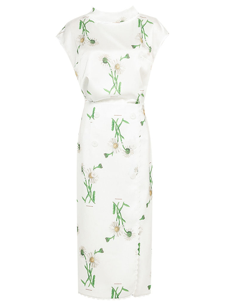 2PS White Retro Stand Collar Satin Printed Top