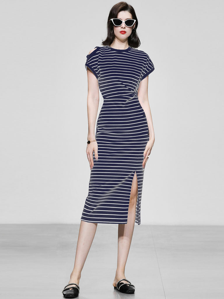 Striped Crew Neck Slit Casual Bodycon Dress