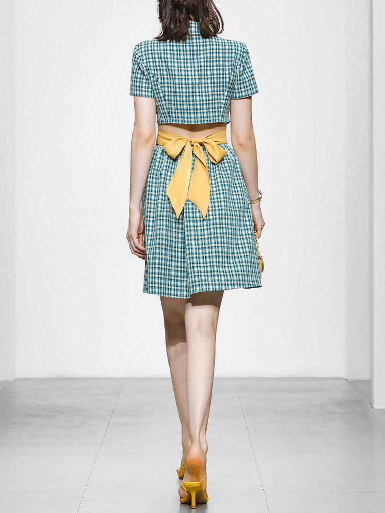Blue Plaid Short Sleeve Waist Back Waist Hollow Bow Dress
