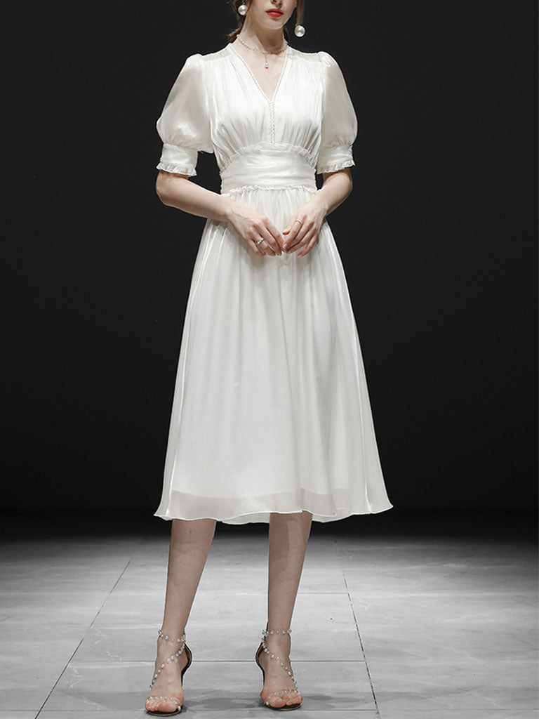 White Ruffles Puff Sleeve Organza Vintage Dress