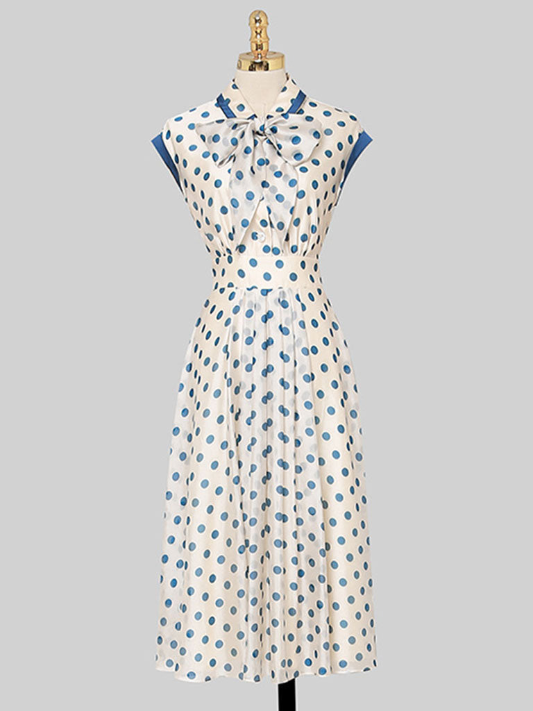 Blue Polka Dots Bow Collar 1950S Vintage Dress
