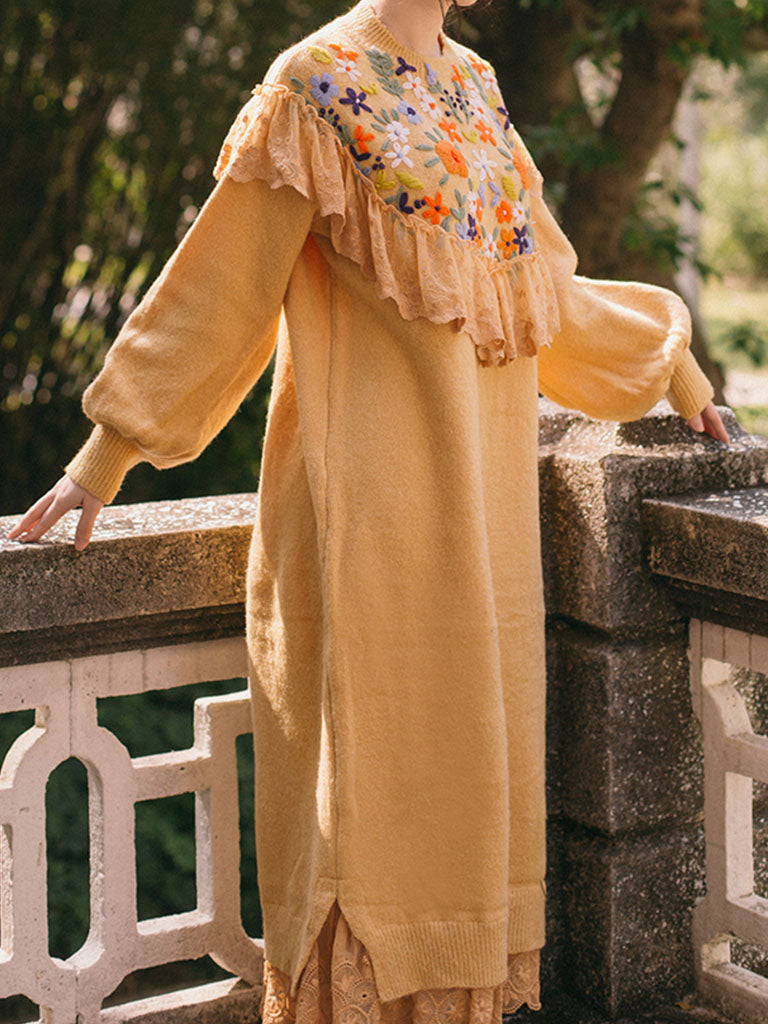 Embroidered Flower Puff Sleeve Vintage Knitting Sweater Dress