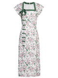 Green Rose Square Collar Split Cheongsam Dress