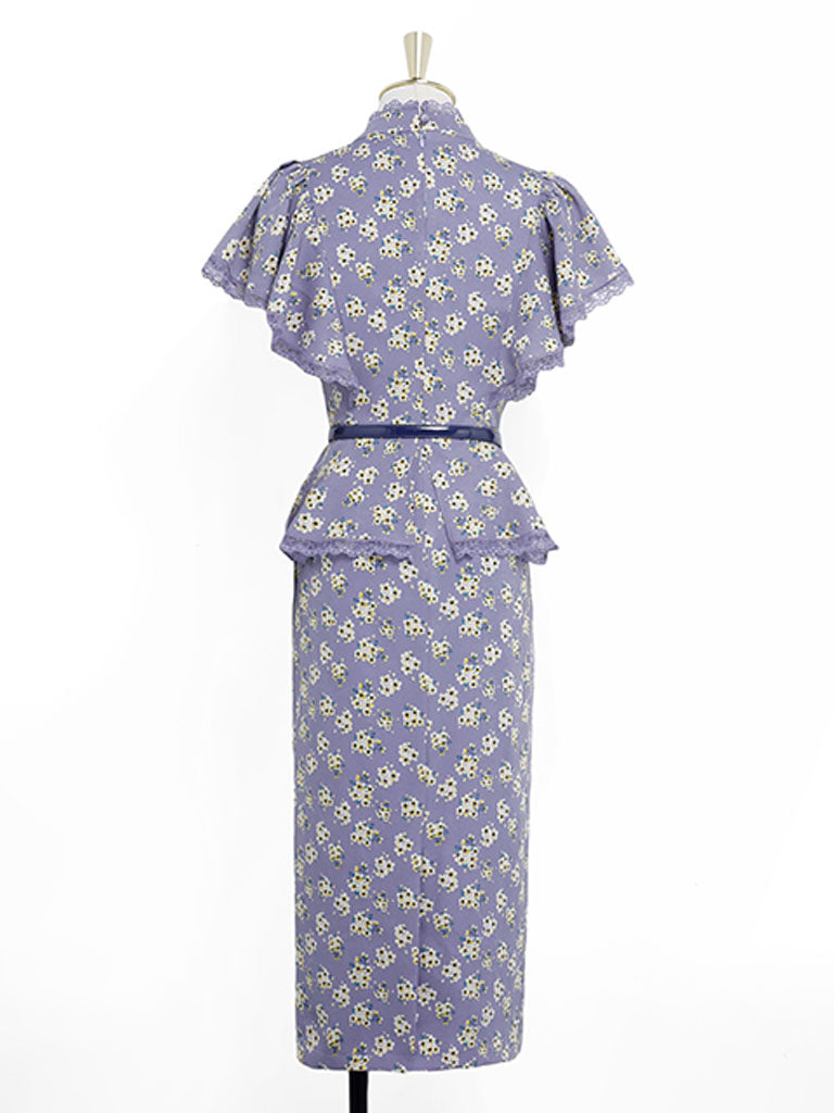 Lavender Lace Collar Ruffles Sleeve Floral Print 1930S Vintage Dress