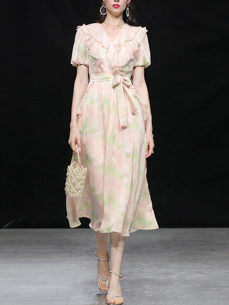 Pink Ruffles Collar Floral Frint Puff Sleeve 1950S Vintage Dress