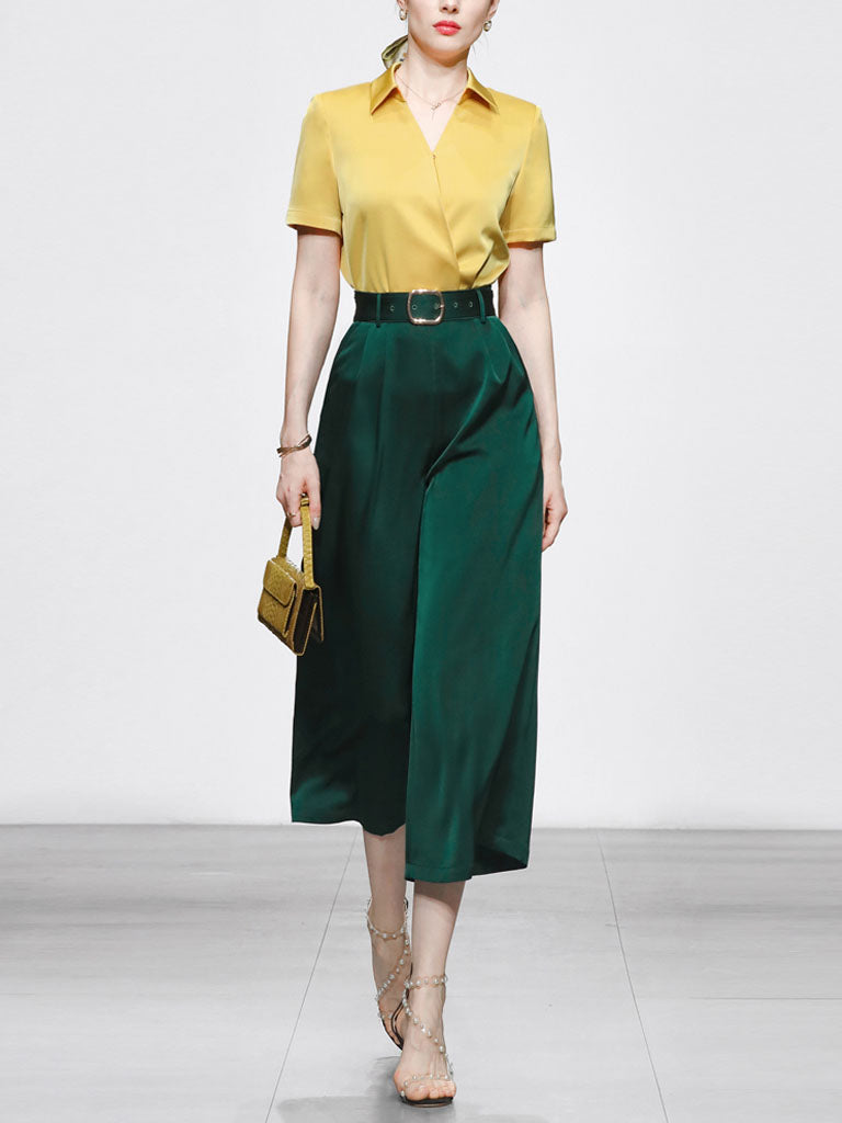 2PS Yellow Elegant V-neck Short Sleeve Shirt