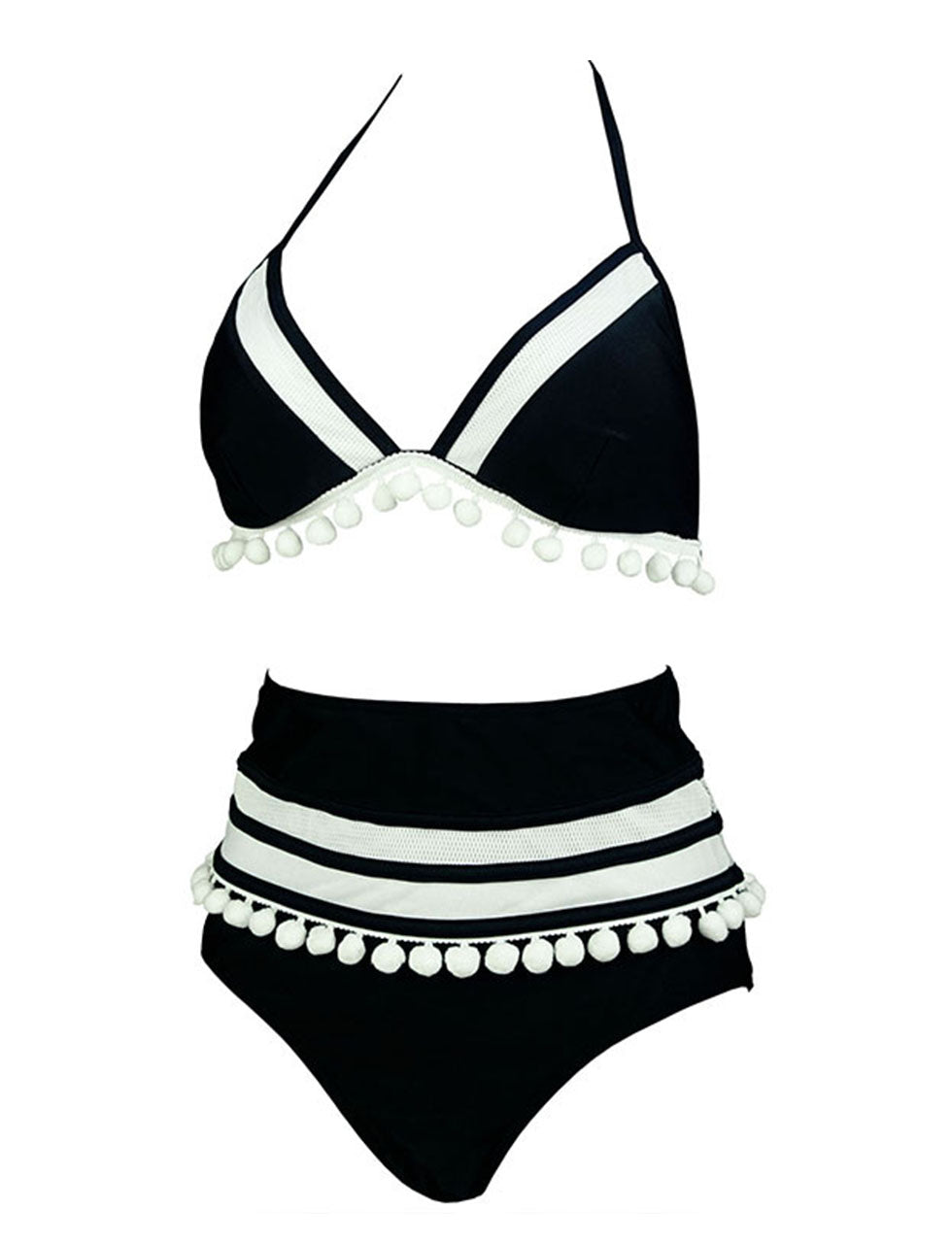 Red Halter High Waist Bikini Fringed Fur Ball Swimsuit Two Pieces Bikini Sets