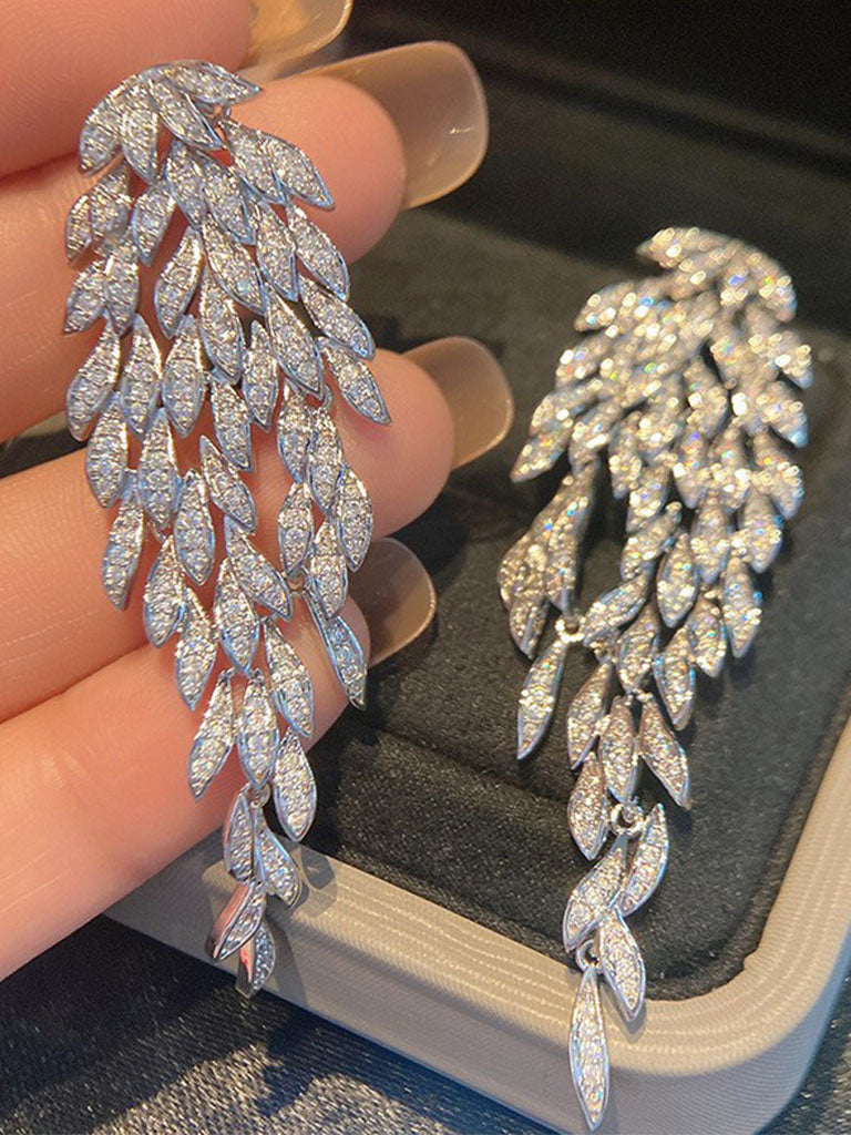 Luxurious Multi-layered Leaf Rhinestone Tassel Long Earrings
