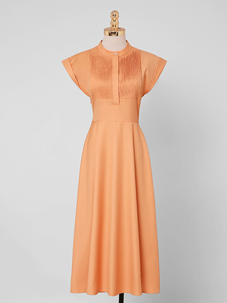 Orange Pleated Cap Sleeve Audrey Hepburn Style 50S Dress