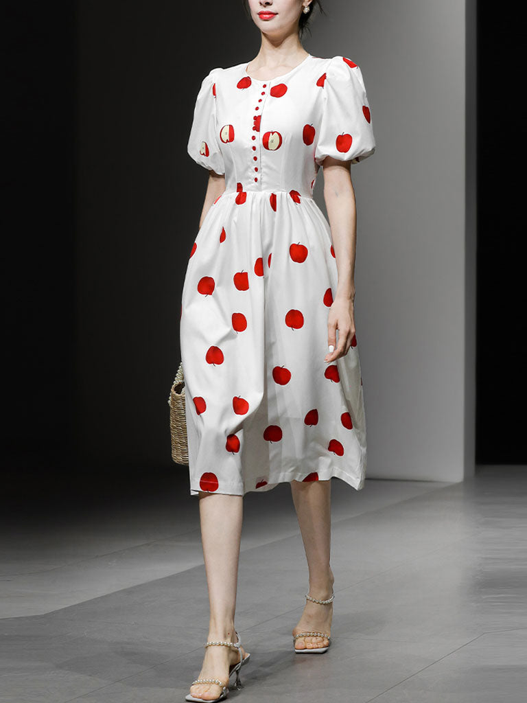 White Crew Neck Printed Red Apple Swing 1950S Dress