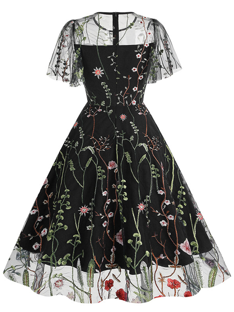 Wine Red Semi Mesh Flower Embroidered Short Sleeve 50S Swing Dress