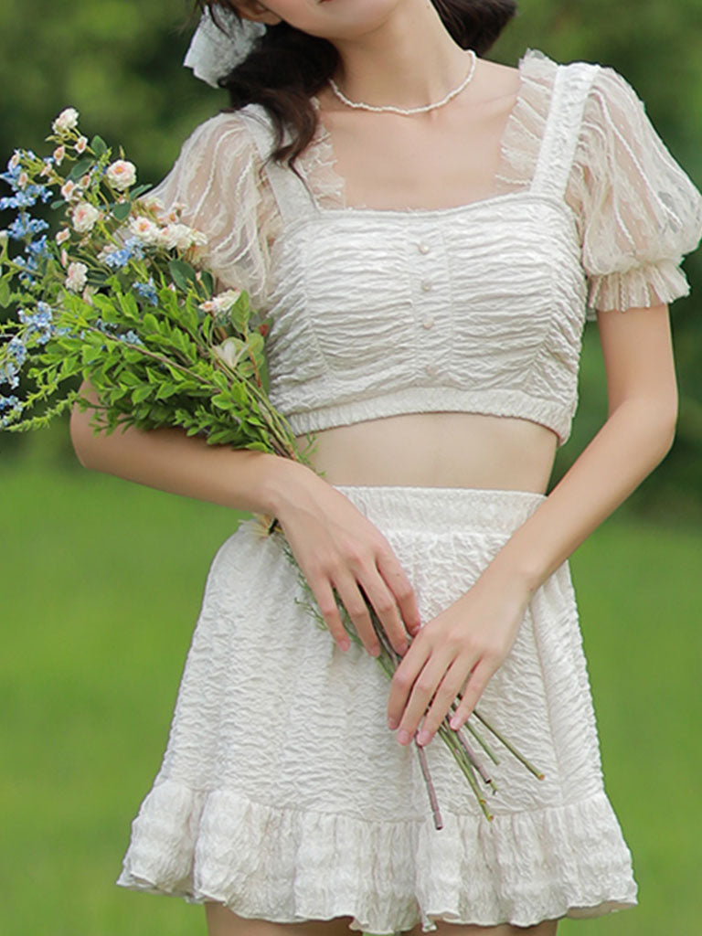 2PS White Lace Fairy Vintage Two Piece Bikinis Swimwear Bathing Suit