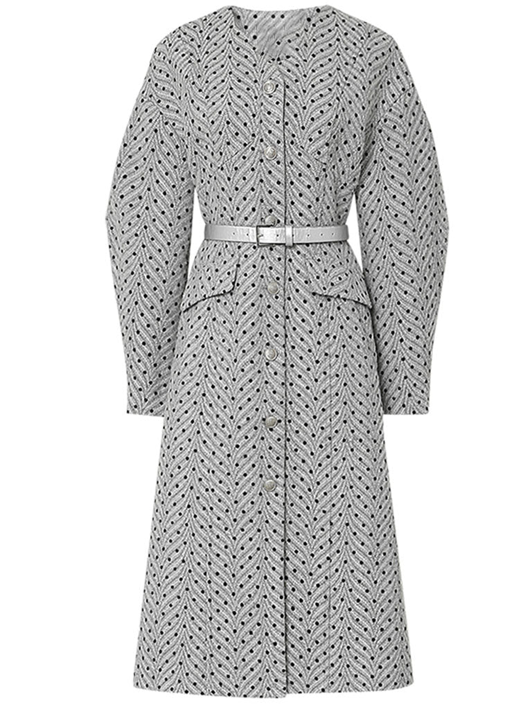 Light Grey V Neck Polka Dot Woolen Coat