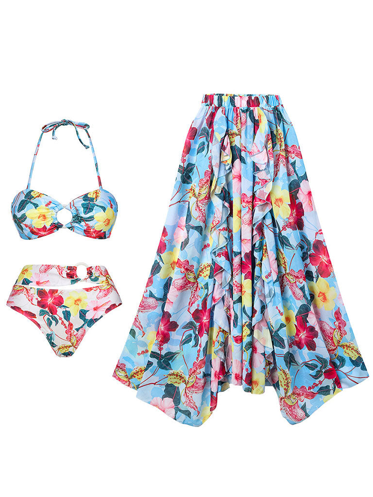 Blue Flower Print Ruffles Halter Bikini