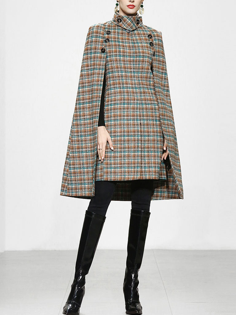 Sweet Brown Plaid Long Sleeve Dress Cape Coat