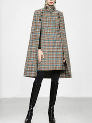 Sweet Brown Plaid Long Sleeve Dress Cape Coat