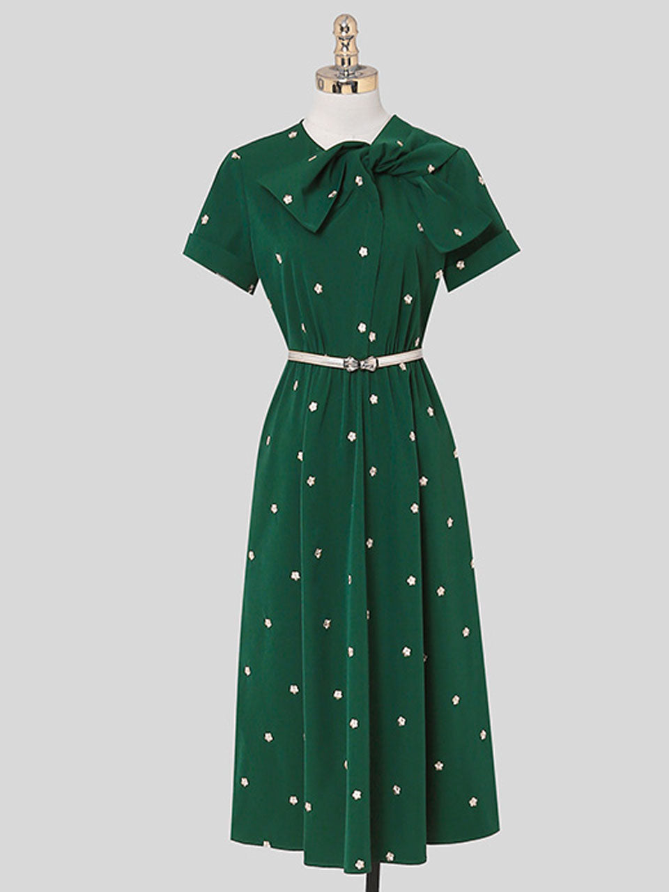Dark Green Bow Collar Embroidered Flower 1950S Vintage Dress