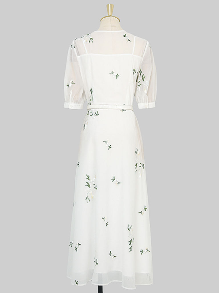 White V Neck Puff Sleeves Embroidered Organza Vintage Dress