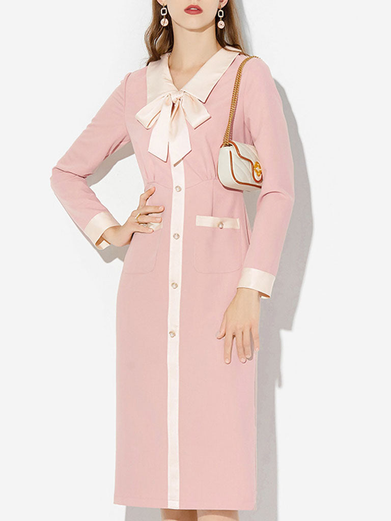 Pink Turn Down Collar Long Sleeve 1940S Vintage Dress