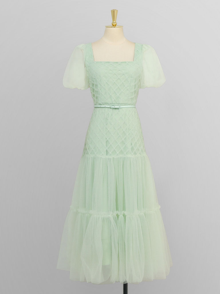 Green Vintage Style Square Neck Puff Sleeve Tulle Party Dress