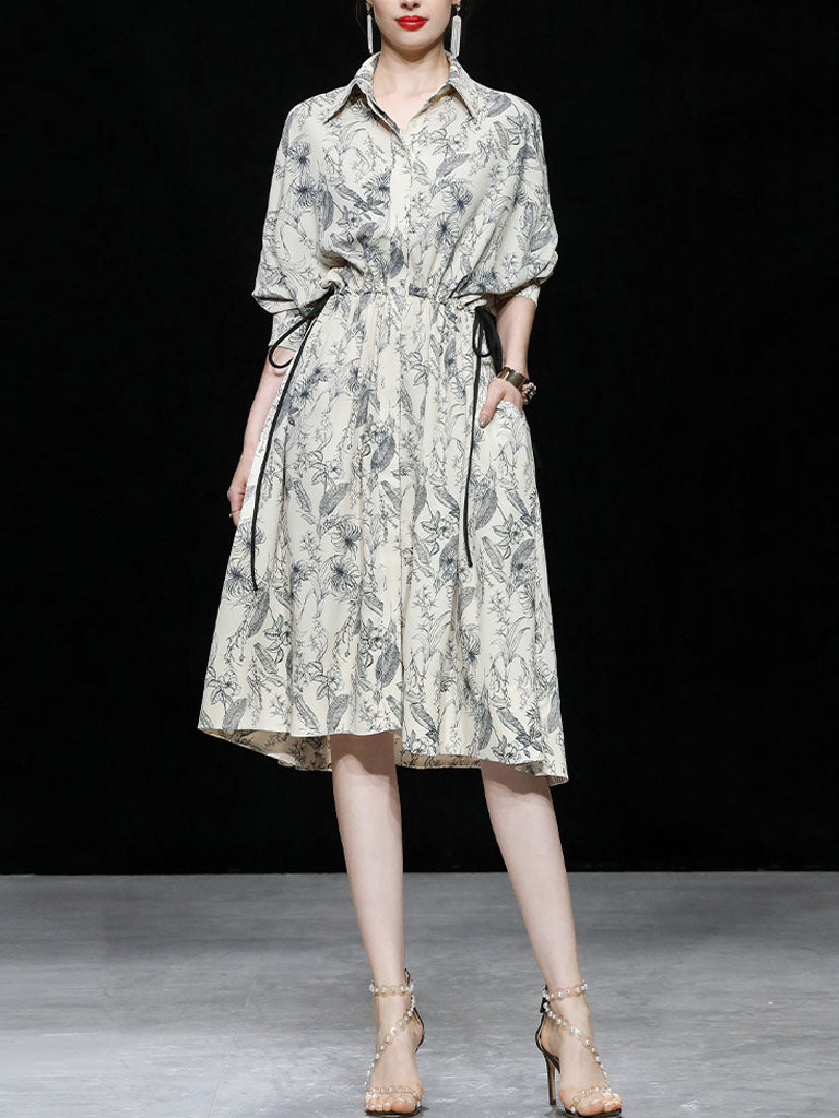 Apricot Doll Sleeves Nipped Waist Slim Print Shirt Dress