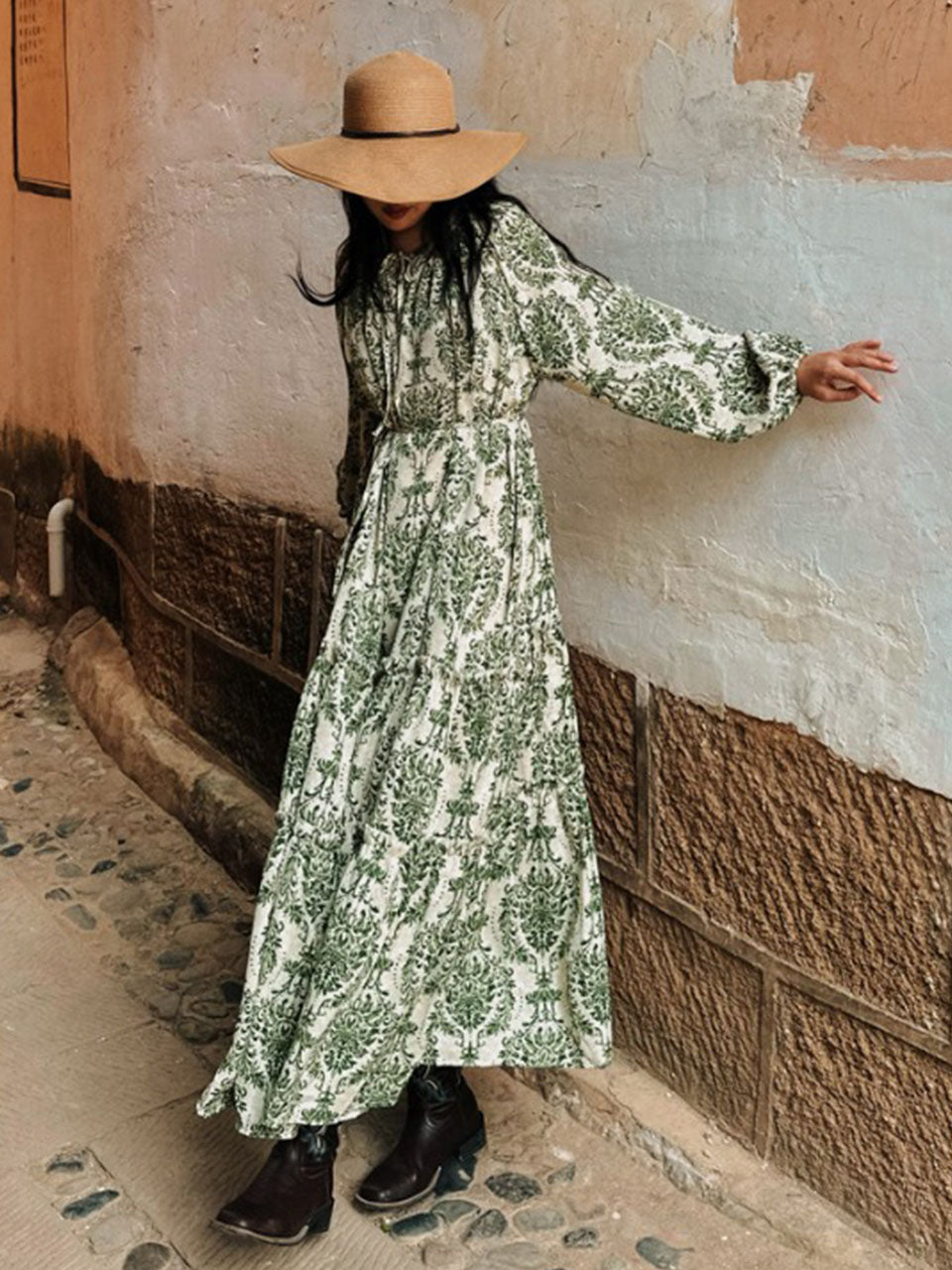 Bohemian Green Print Boho Maxi Dress Outfit