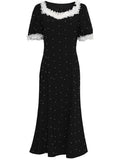 White Lace Square Neck Puff Sleeve Vintage Pearl Hepburn Style Midi Black Dress