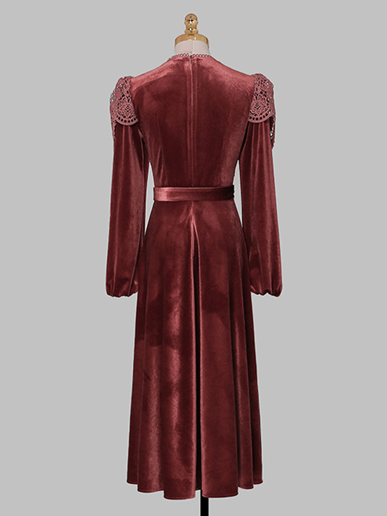 Red Crew Neck Velvet Puff Sleeve 1950S Vintage Dress