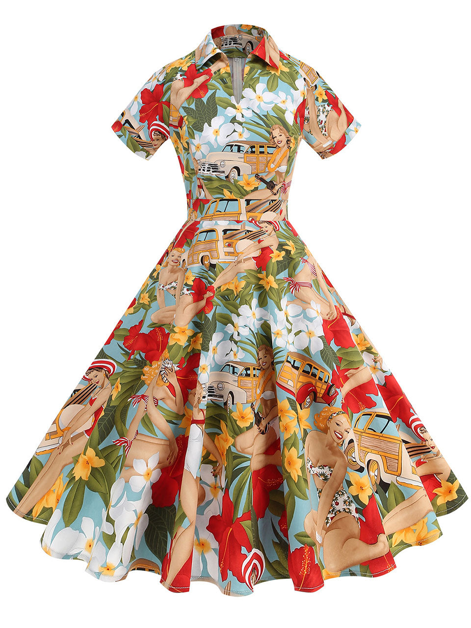 Red Floral Print Turn Down Collar Short Sleeves 1950S Vintage Shirt Dress