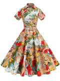 Red Floral Print Turn Down Collar Short Sleeves 1950S Vintage Shirt Dress